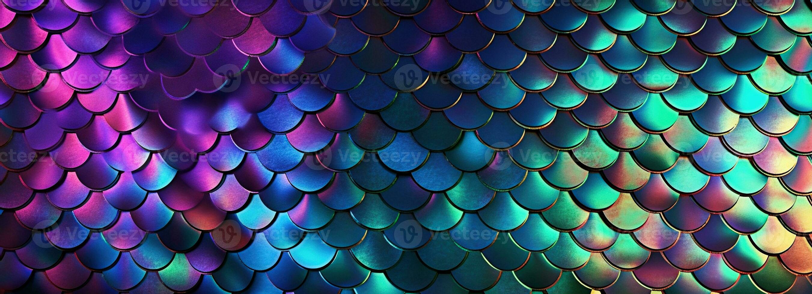 Holographic metal creative background with geometric pattern. Ultra violet neon light holographic trendy mermaid texture banner. Stylized snake or fish or mermaid scales. photo