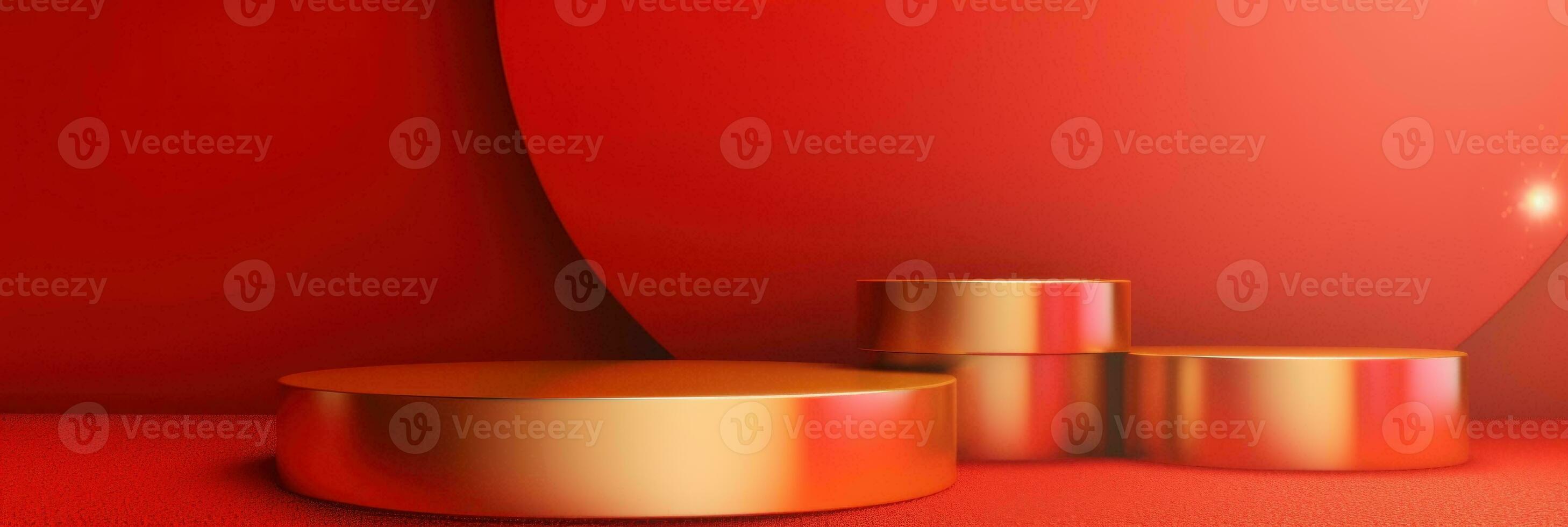 Red modern style one podium product showcase with golden ring frame Japanese style pattern background. A luxury stage for product advertising. photo