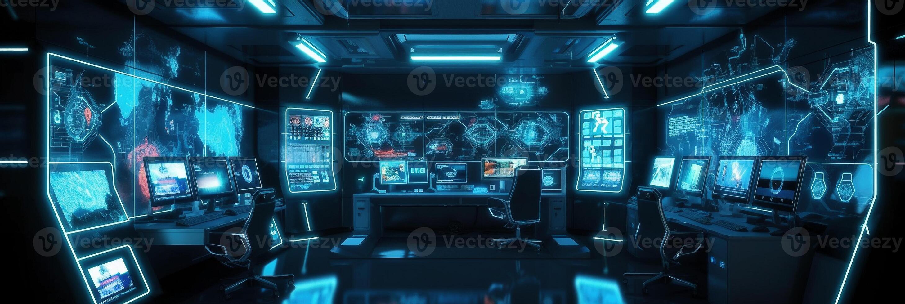 Command center interior banner. 3d room with neon light. Scifi concept