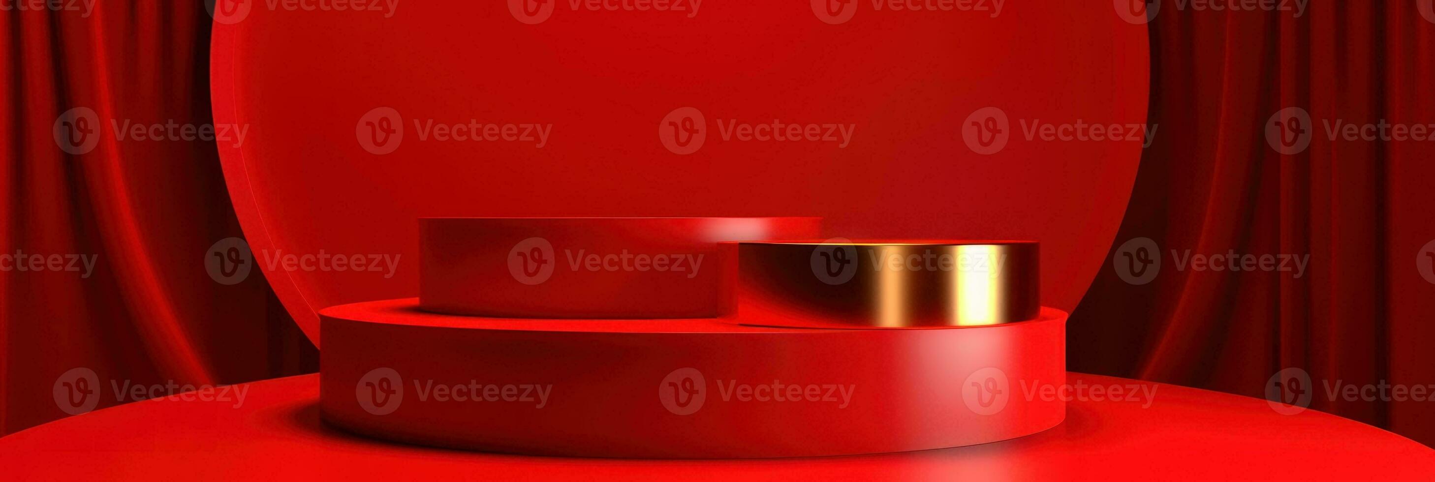 Red modern style one podium product showcase with golden ring frame Japanese style pattern background. A luxury stage for product advertising. photo