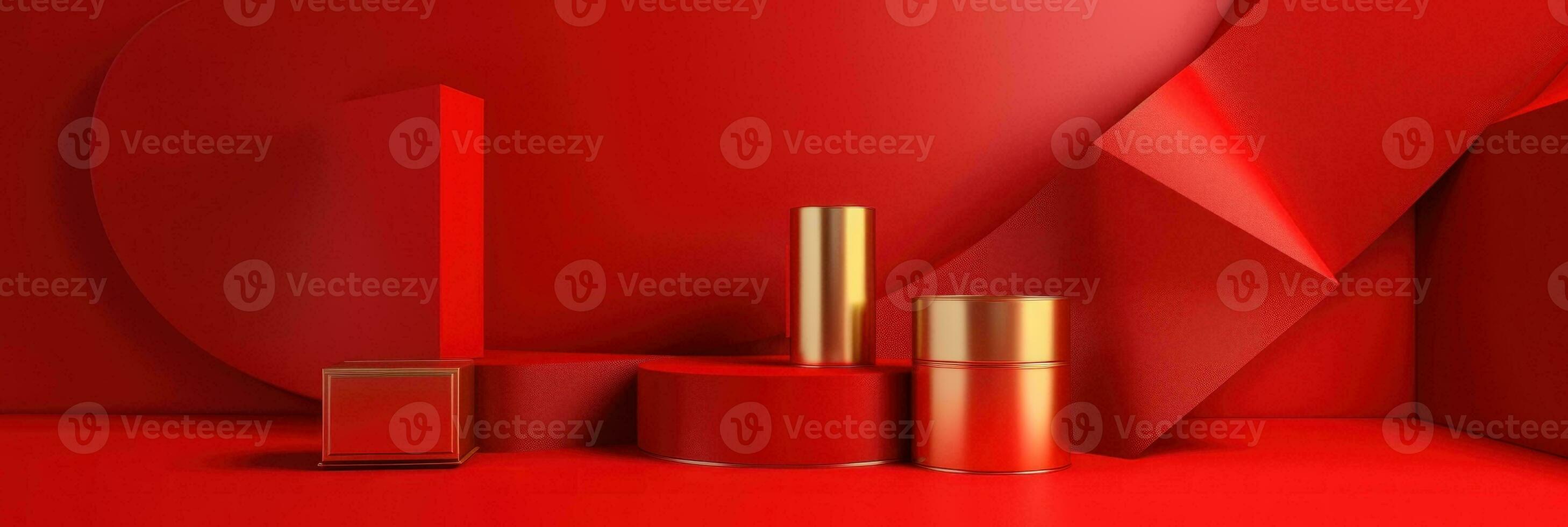 Red modern style one podium product showcase with golden ring frame Japanese style pattern background. A luxury stage for product advertising. photo