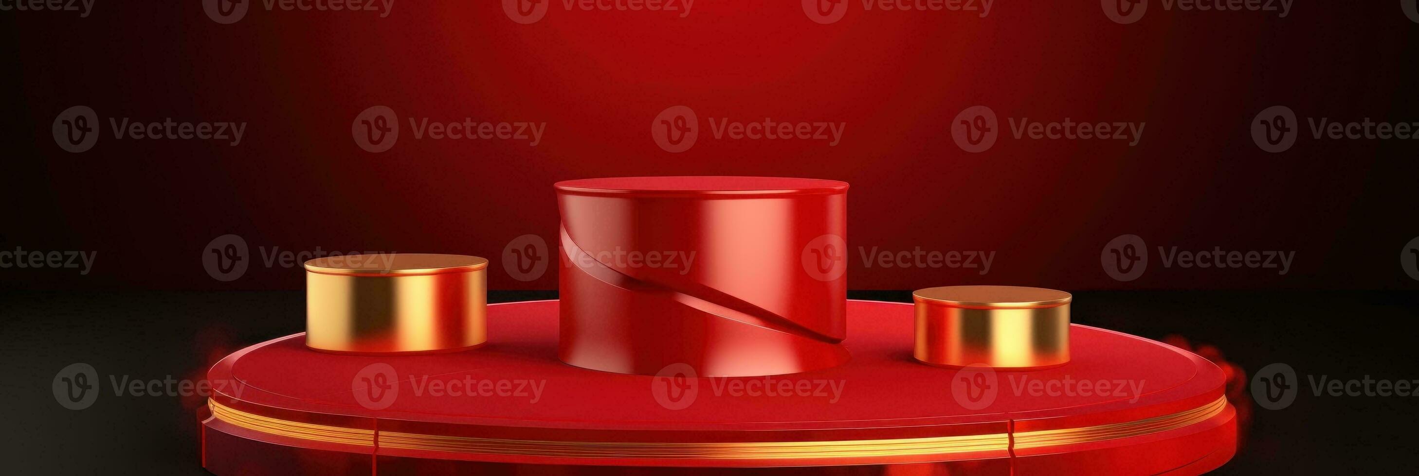 Red modern style one podium product showcase with golden ring frame Japanese style pattern background. A luxury stage for product advertising. photo