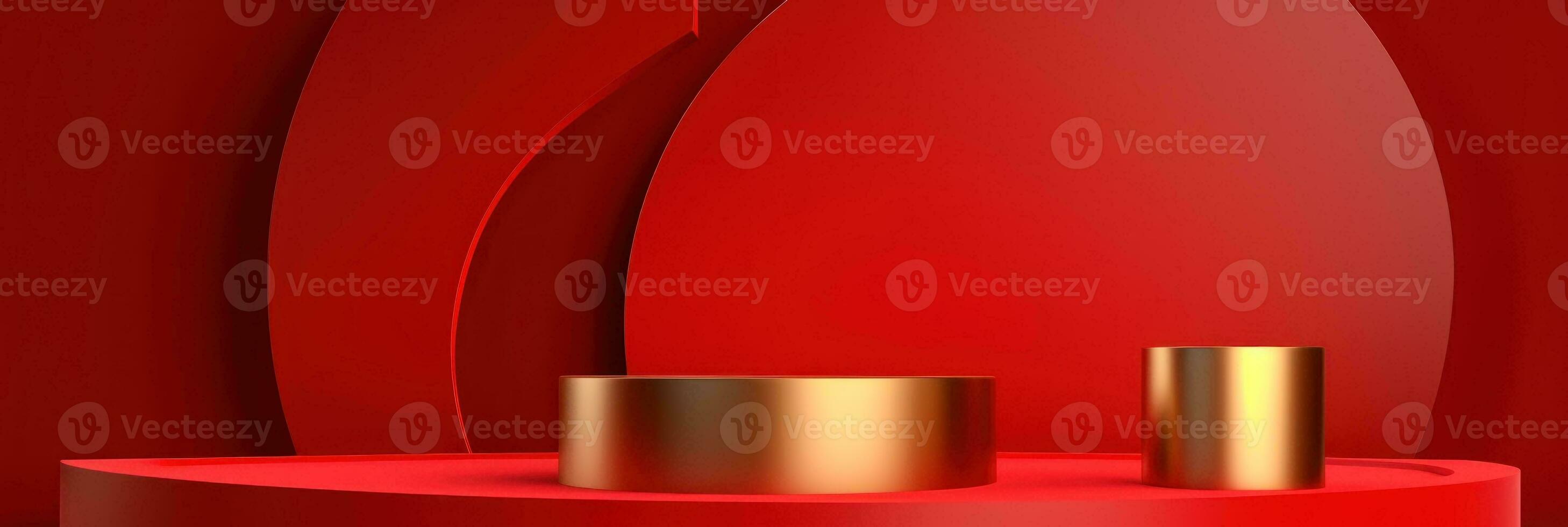 Red modern style one podium product showcase with golden ring frame Japanese style pattern background. A luxury stage for product advertising. photo