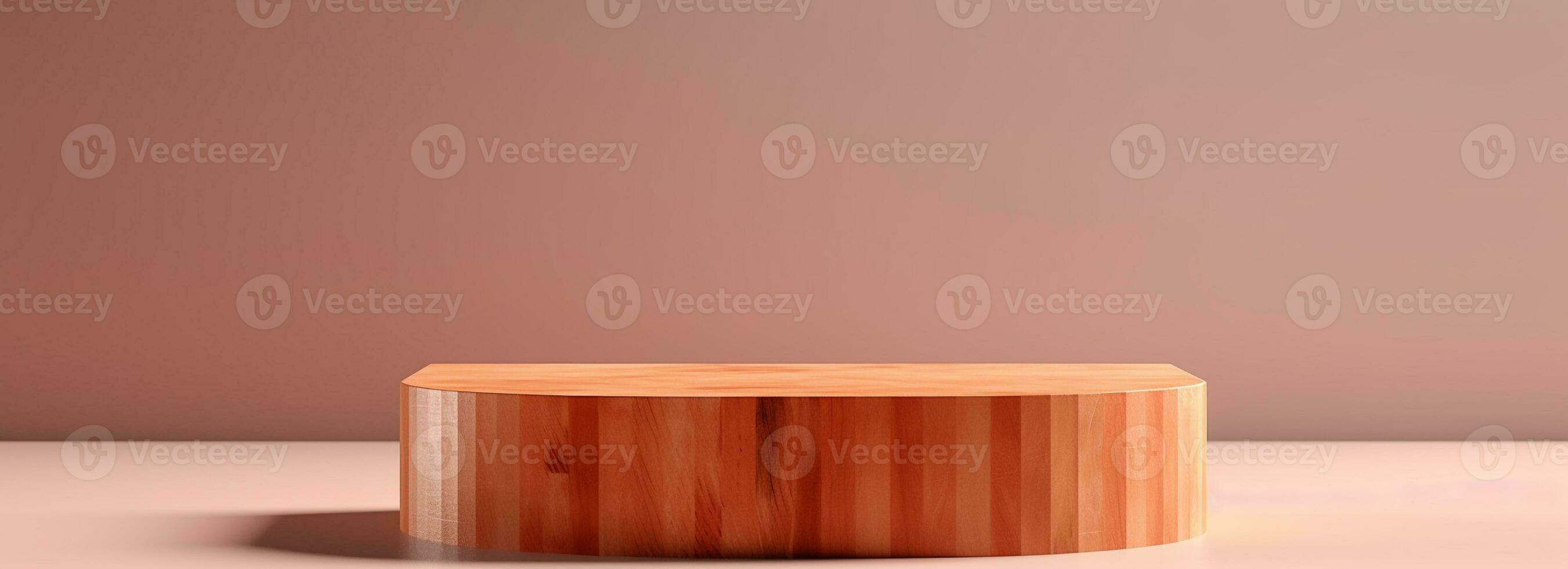 Empty wooden podium on table over modern  background. Interior mock up for design and product display photo