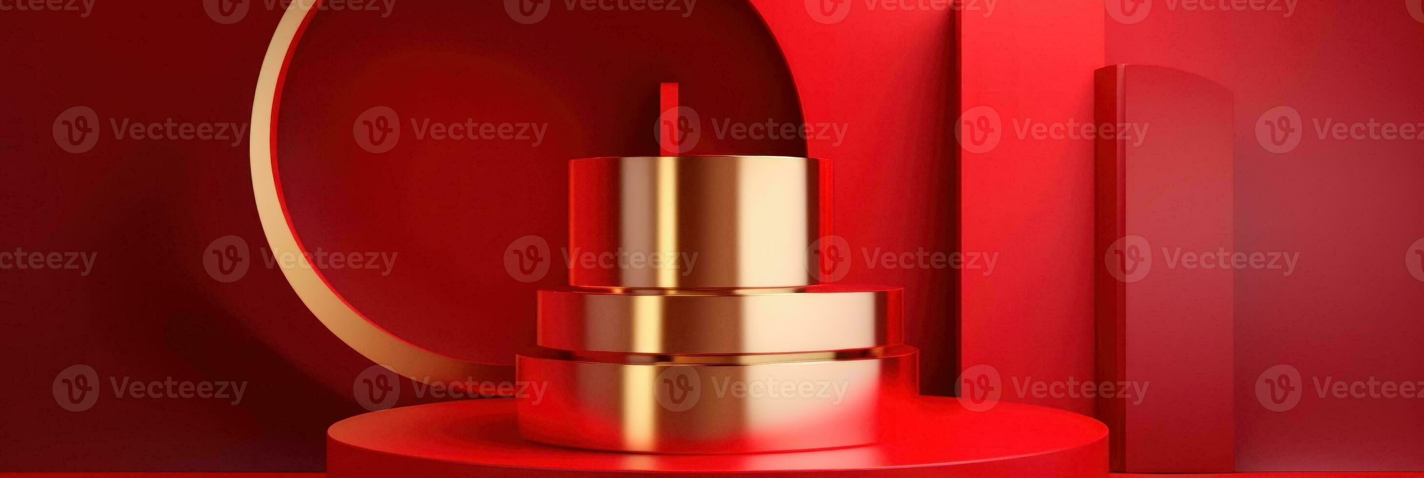 Red modern style one podium product showcase with golden ring frame Japanese style pattern background. A luxury stage for product advertising. photo