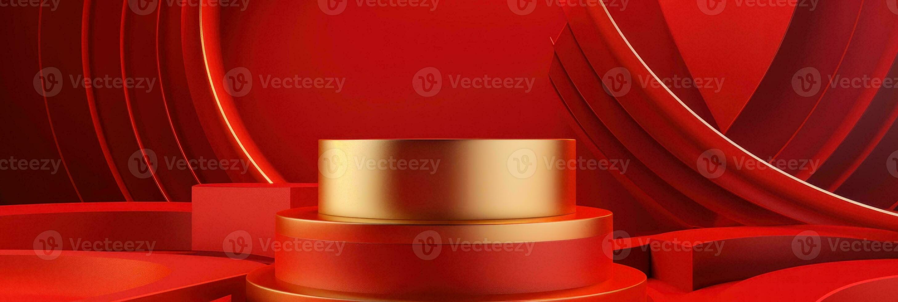 Red modern style one podium product showcase with golden ring frame Japanese style pattern background. A luxury stage for product advertising. photo
