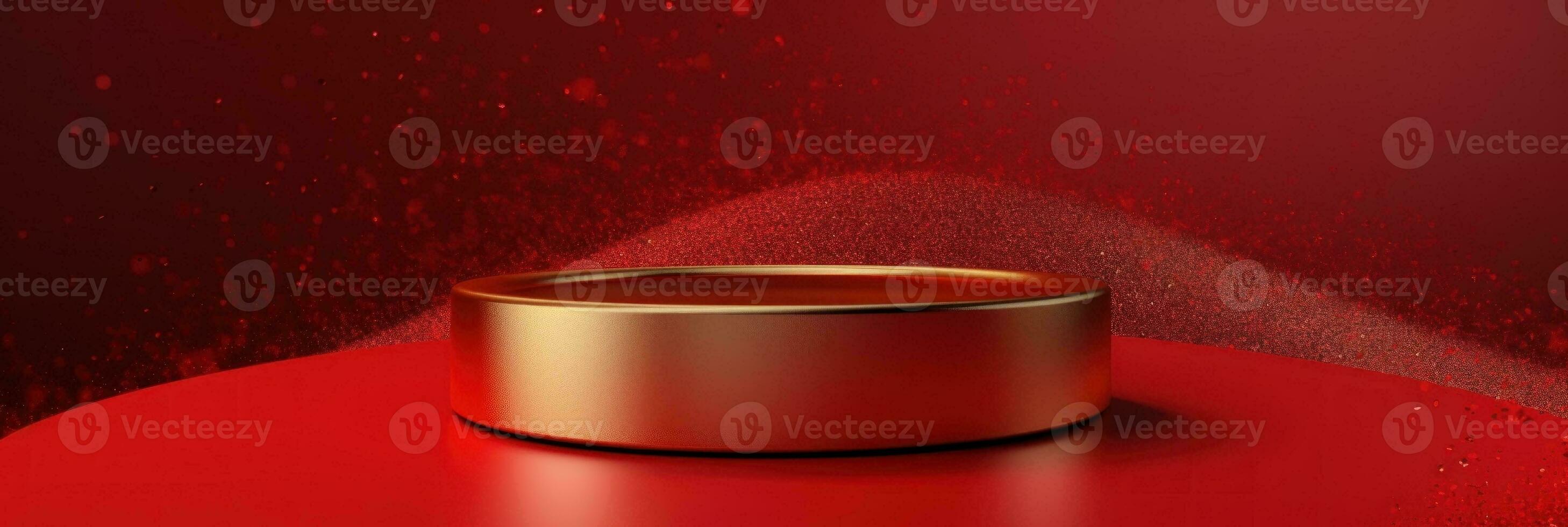 Red modern style one podium product showcase with golden ring frame Japanese style pattern background. A luxury stage for product advertising. photo