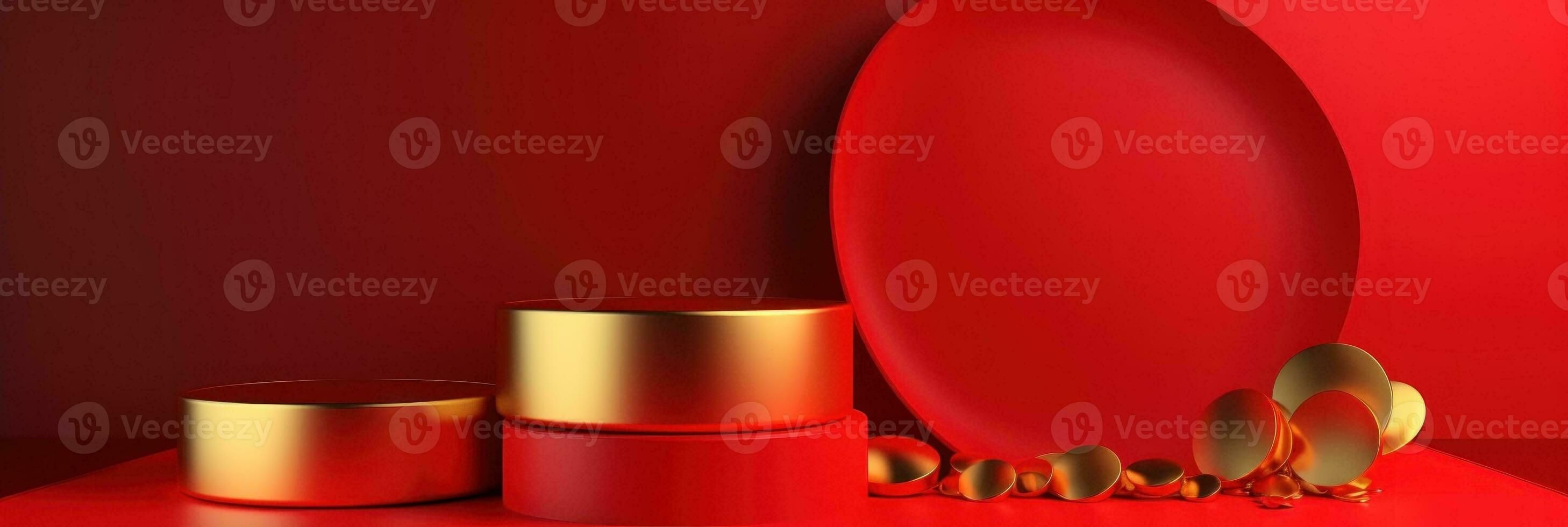 Red modern style one podium product showcase with golden ring frame Japanese style pattern background. A luxury stage for product advertising. photo