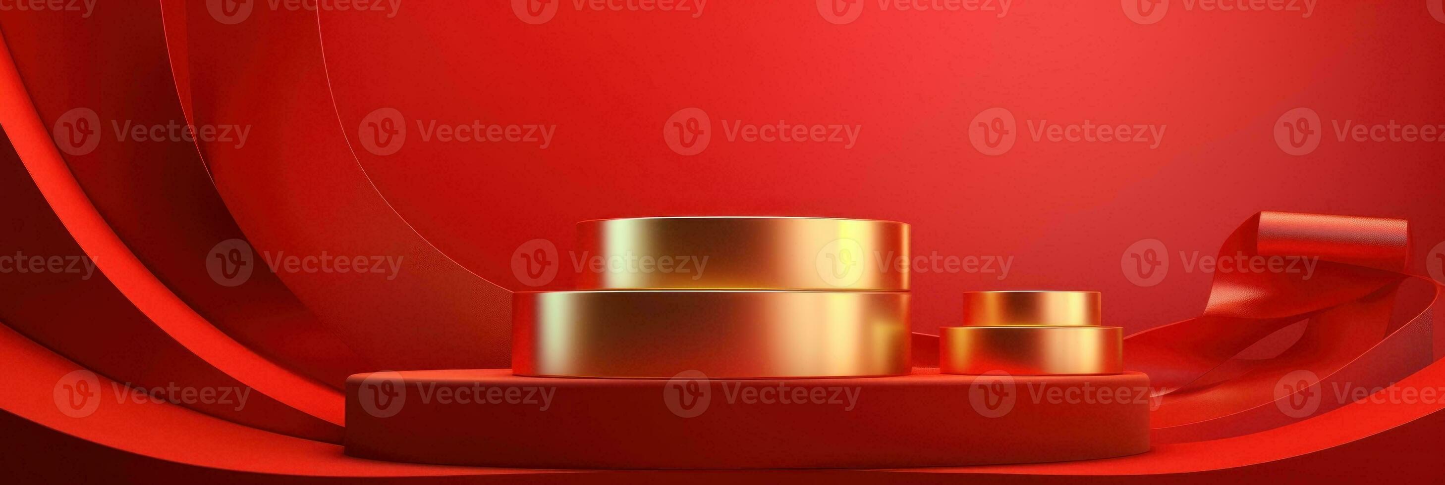 Red modern style one podium product showcase with golden ring frame Japanese style pattern background. A luxury stage for product advertising. photo