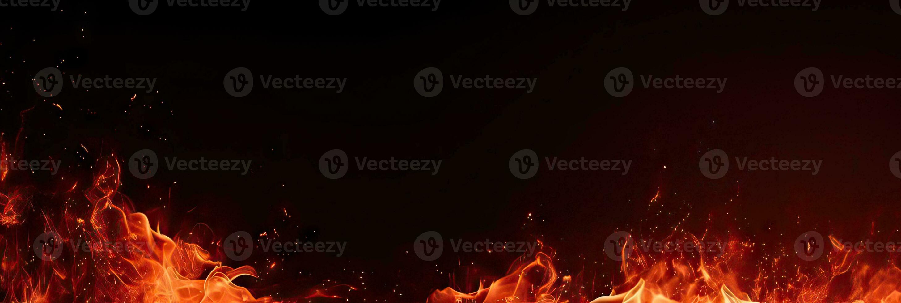 Fire embers particles over black background. Fire sparks background. Detail of fire sparks. photo