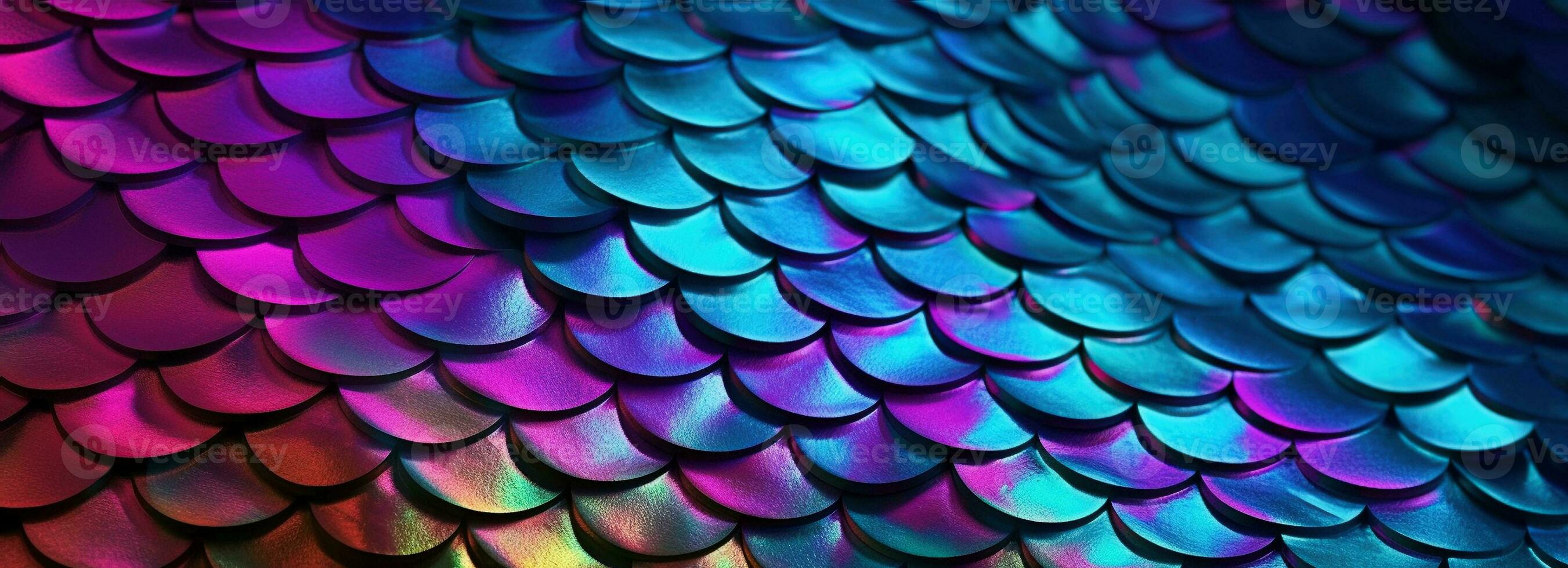 Holographic metal creative background with geometric pattern. Ultra violet neon light holographic trendy mermaid texture banner. Stylized snake or fish or mermaid scales. photo