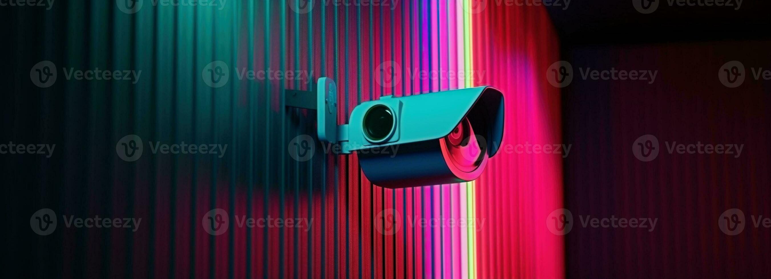 Modern CCTV camera on a wall. A neon light night cityscape background. Concept of surveillance and monitoring. Toned image double exposure mock up. photo