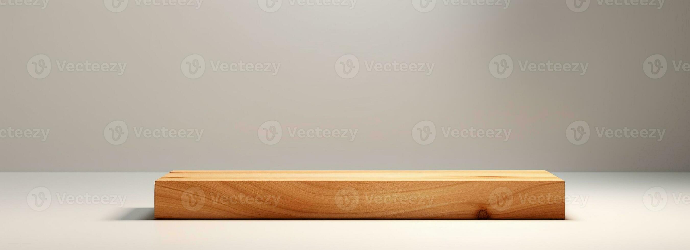 Empty wooden podium on table over modern  background. Interior mock up for design and product display photo