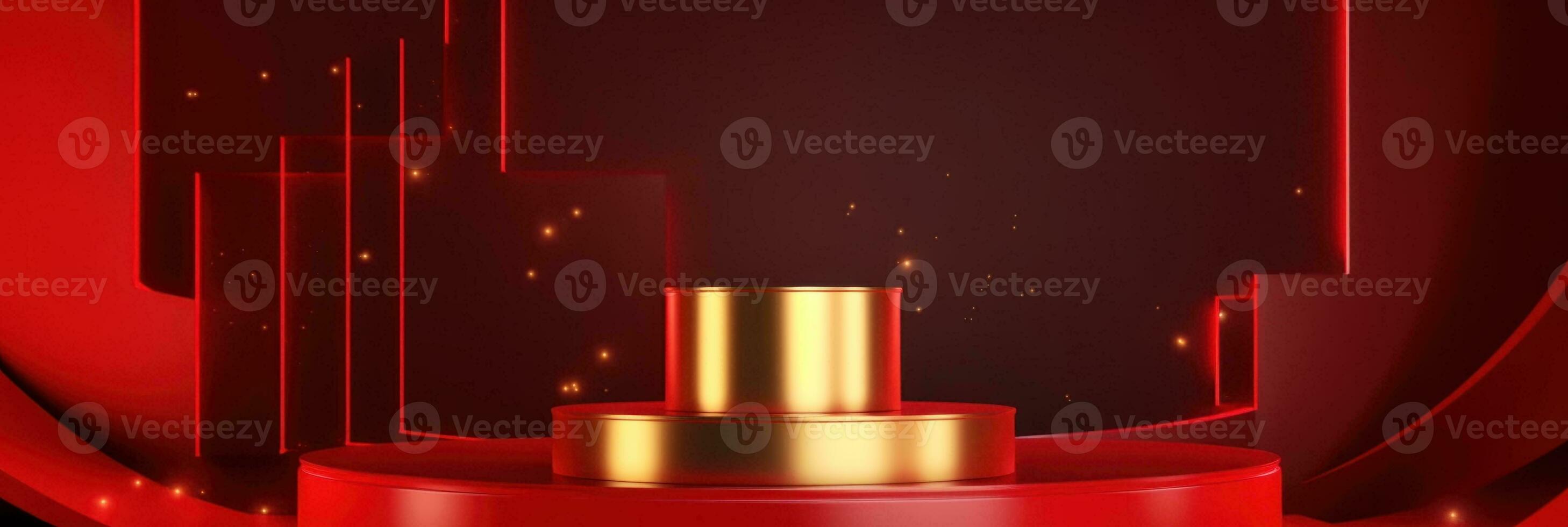 Red modern style one podium product showcase with golden ring frame Japanese style pattern background. A luxury stage for product advertising. photo