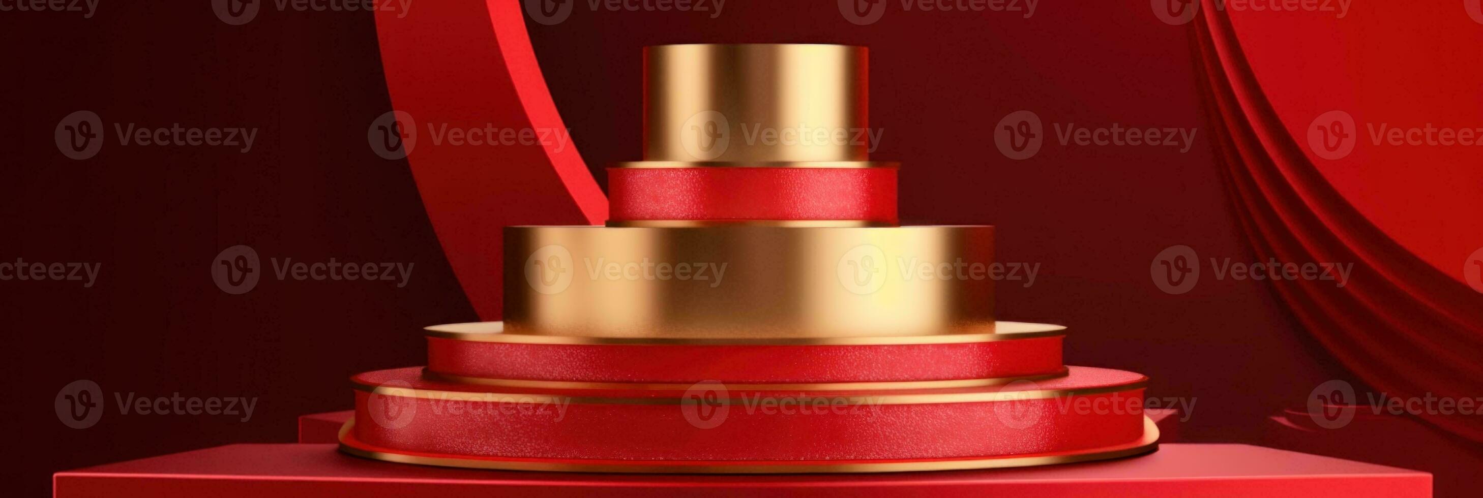 Red modern style one podium product showcase with golden ring frame Japanese style pattern background. A luxury stage for product advertising. photo