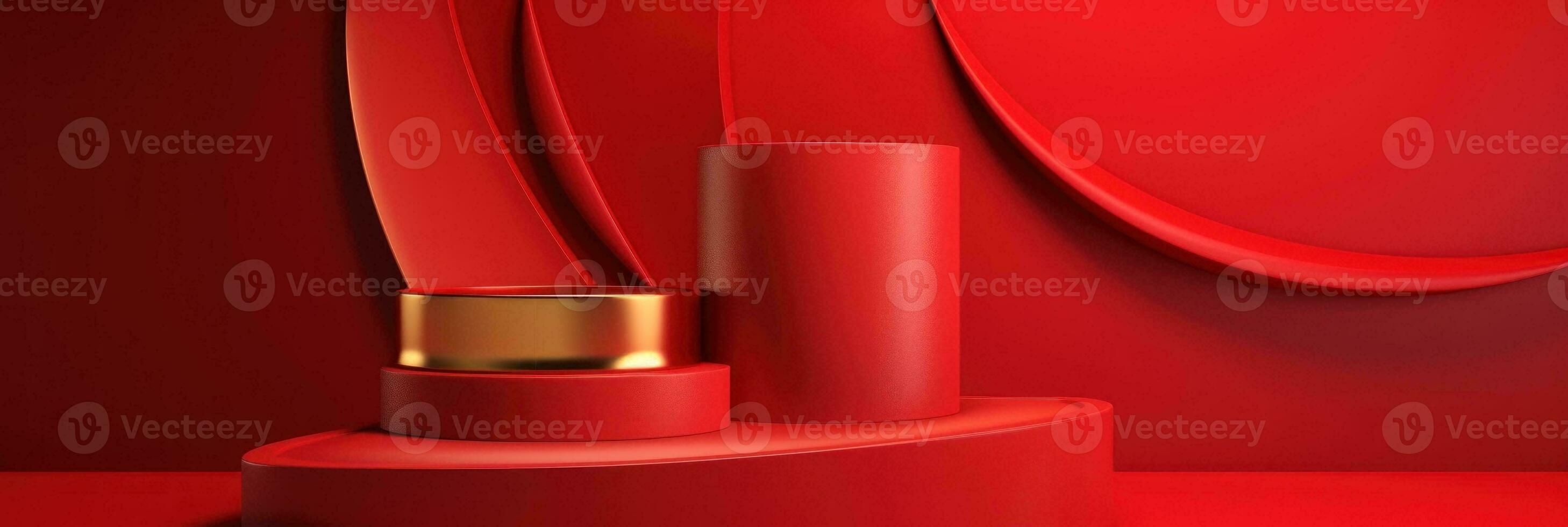 Red modern style one podium product showcase with golden ring frame Japanese style pattern background. A luxury stage for product advertising. photo