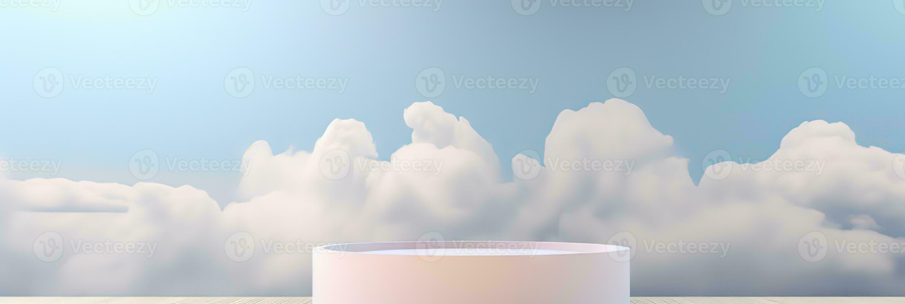Surreal podium outdoor on blue sky pink gold pastel soft clouds with space. 3d blender composition. Minimalistic showcase from stage and cloud on a blue-pink pastel background photo
