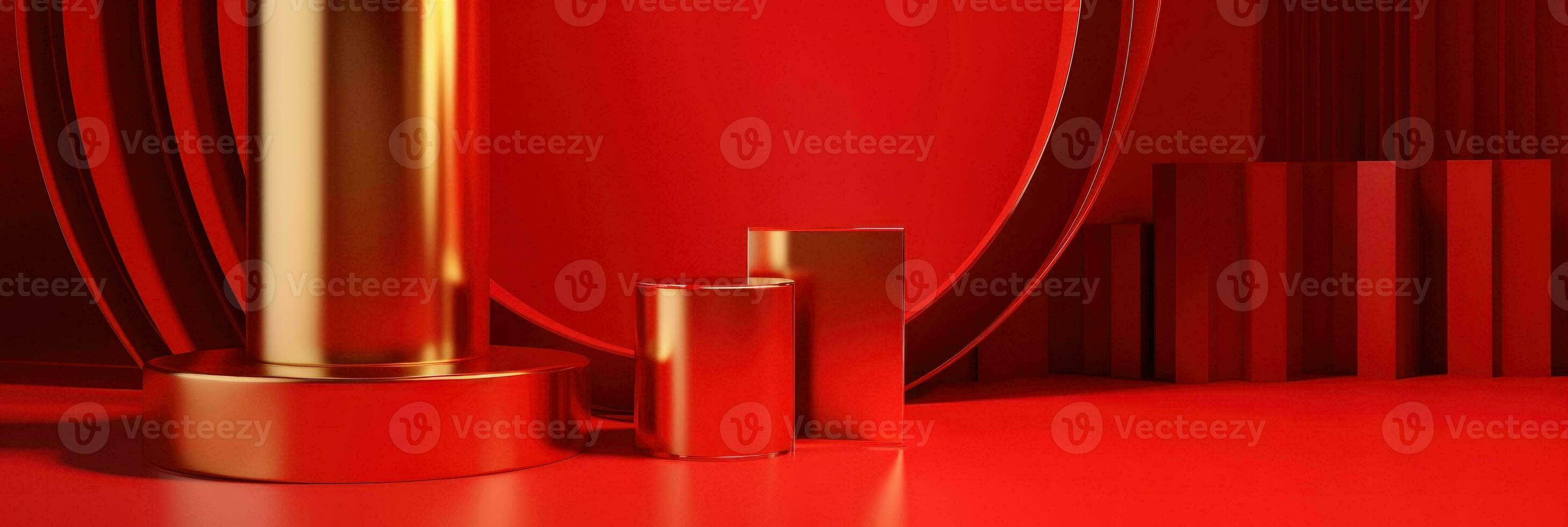 Red modern style one podium product showcase with golden ring frame Japanese style pattern background. A luxury stage for product advertising. photo