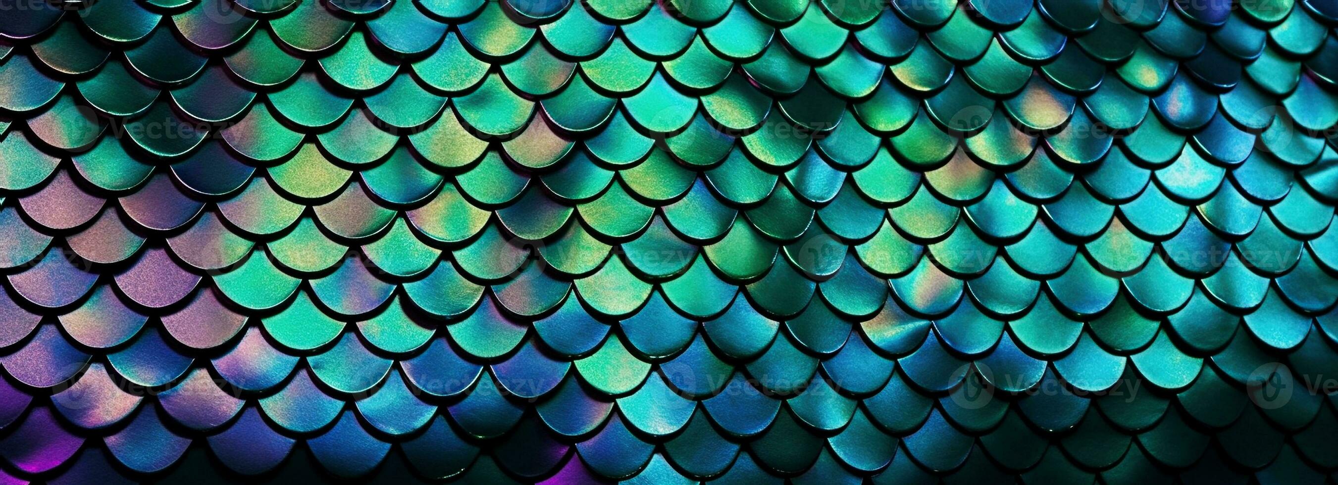 Holographic metal creative background with geometric pattern. Ultra violet neon light holographic trendy mermaid texture banner. Stylized snake or fish or mermaid scales. photo