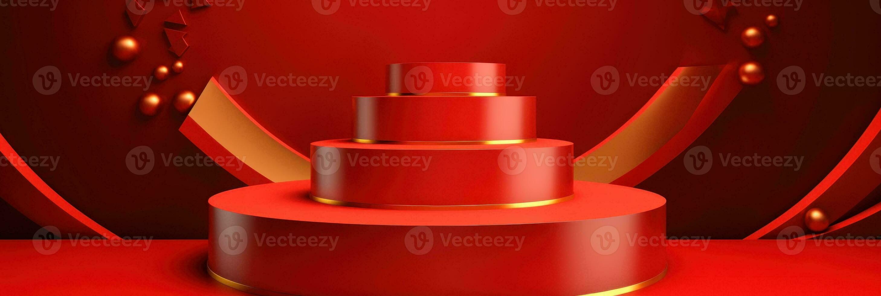Red modern style one podium product showcase with golden ring frame Japanese style pattern background. A luxury stage for product advertising. photo
