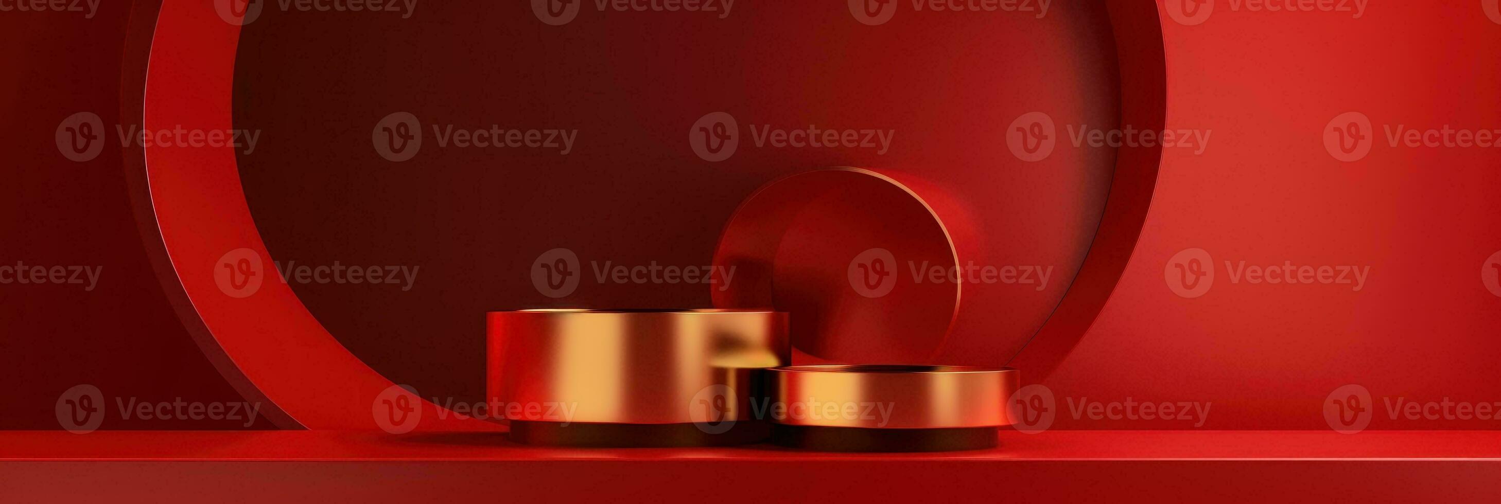 Red modern style one podium product showcase with golden ring frame Japanese style pattern background. A luxury stage for product advertising. photo