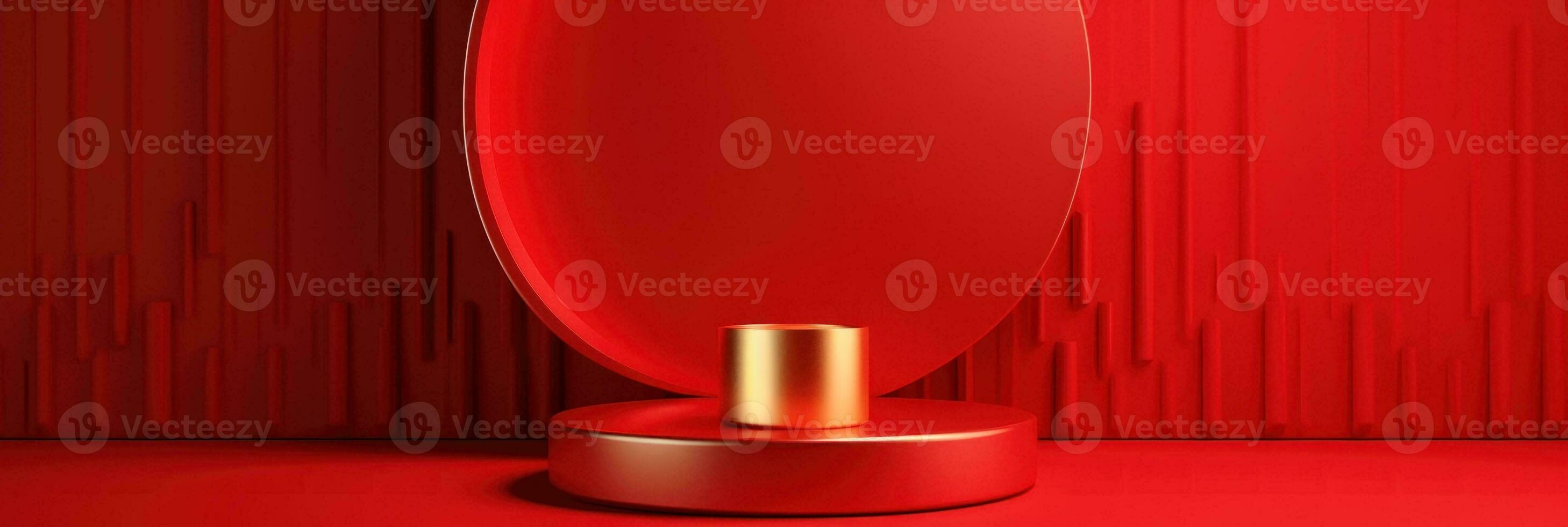 Red modern style one podium product showcase with golden ring frame Japanese style pattern background. A luxury stage for product advertising. photo