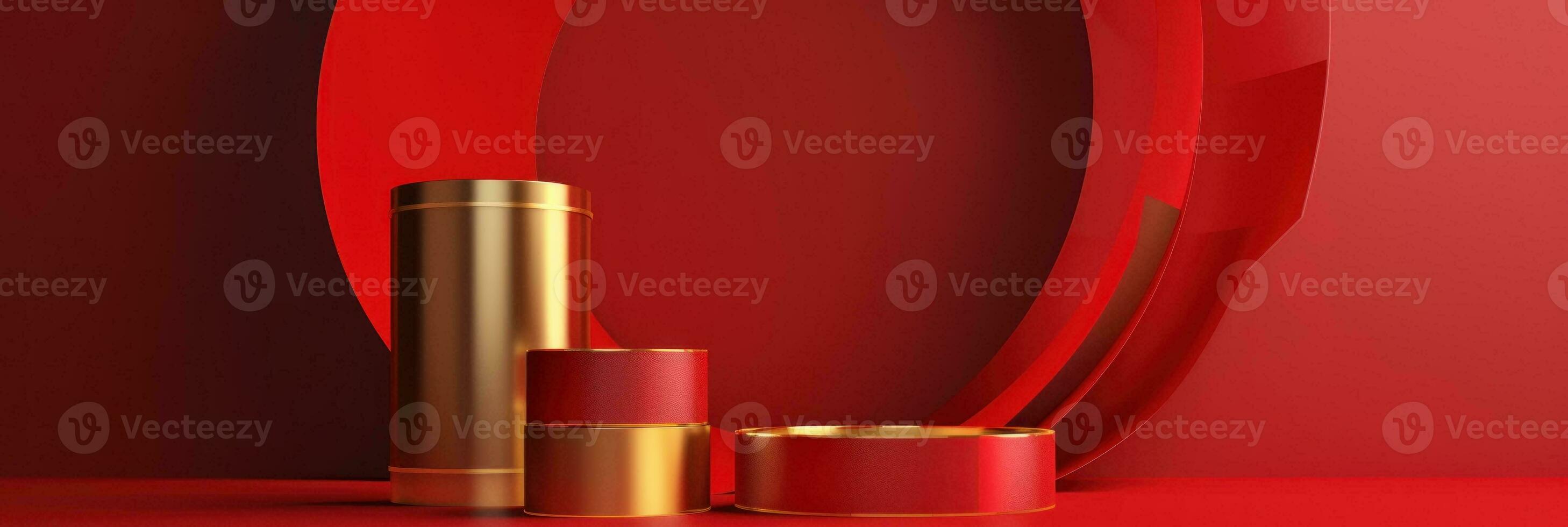 Red modern style one podium product showcase with golden ring frame Japanese style pattern background. A luxury stage for product advertising. photo