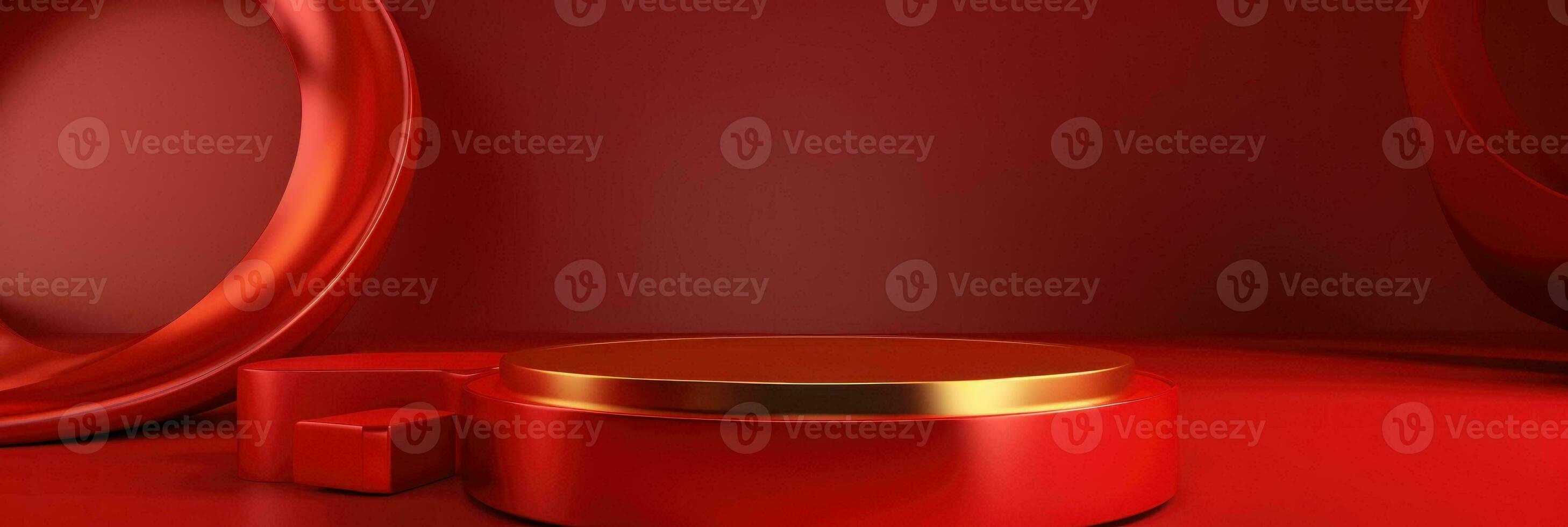 Red modern style one podium product showcase with golden ring frame Japanese style pattern background. A luxury stage for product advertising. photo