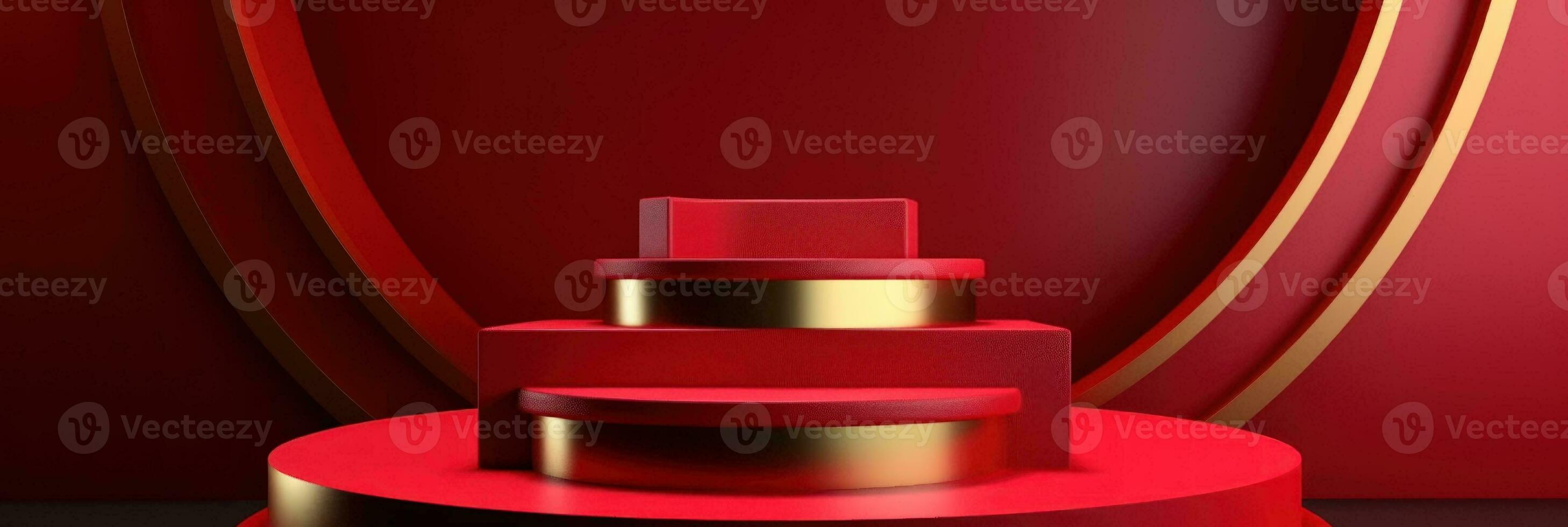 Red modern style one podium product showcase with golden ring frame Japanese style pattern background. A luxury stage for product advertising. photo
