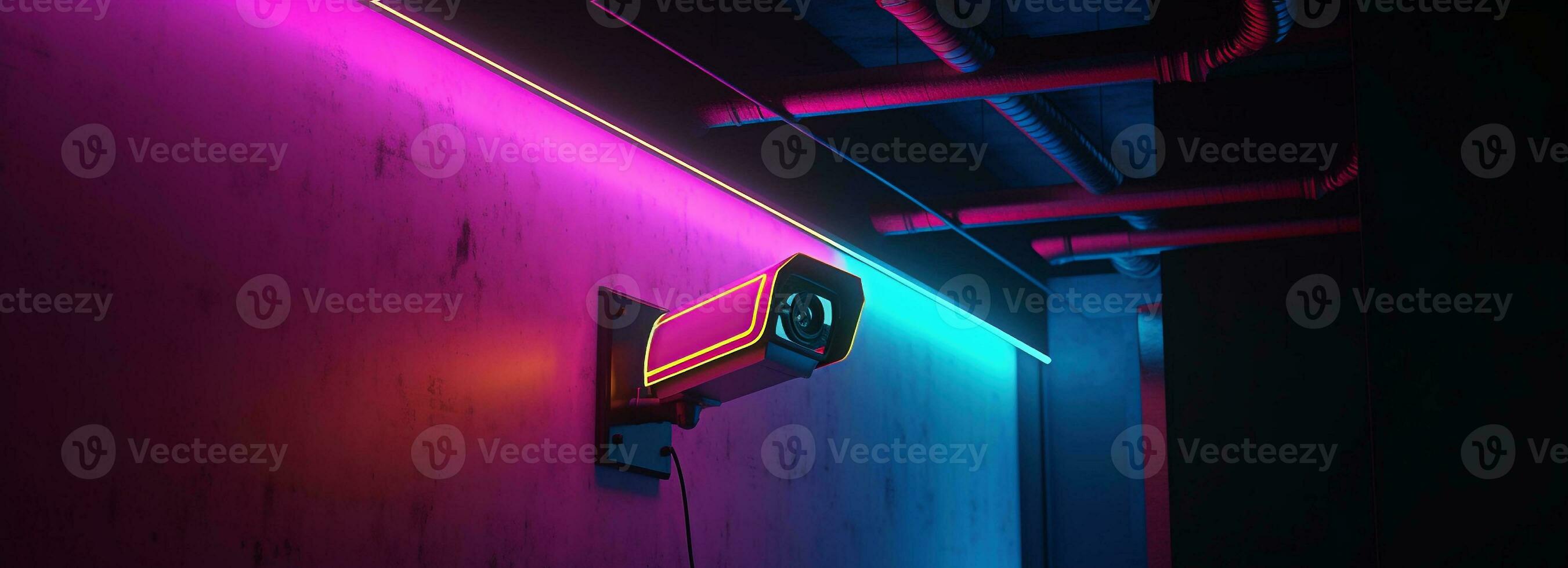 Modern CCTV camera on a wall. A neon light night cityscape background. Concept of surveillance and monitoring. Toned image double exposure mock up. photo