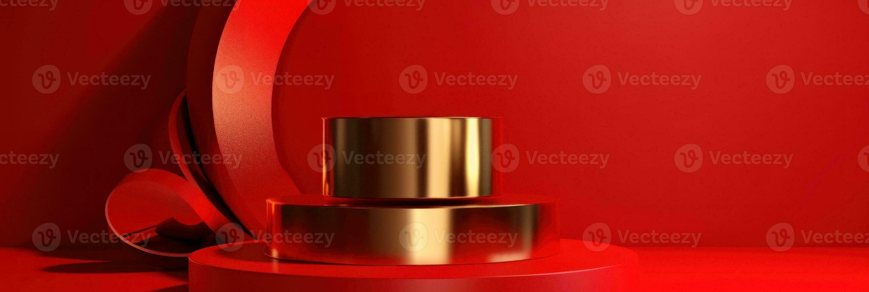 Red modern style one podium product showcase with golden ring frame Japanese style pattern background. A luxury stage for product advertising. photo