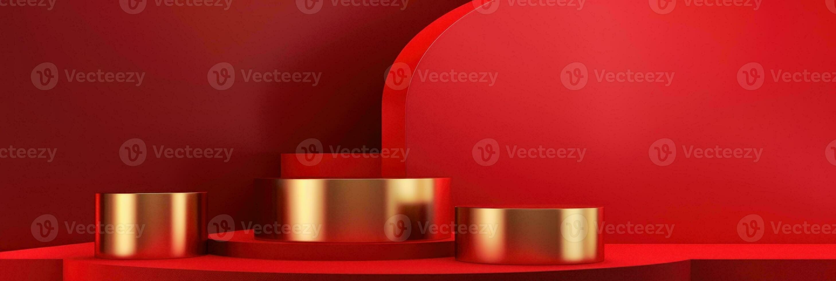 Red modern style one podium product showcase with golden ring frame Japanese style pattern background. A luxury stage for product advertising. photo