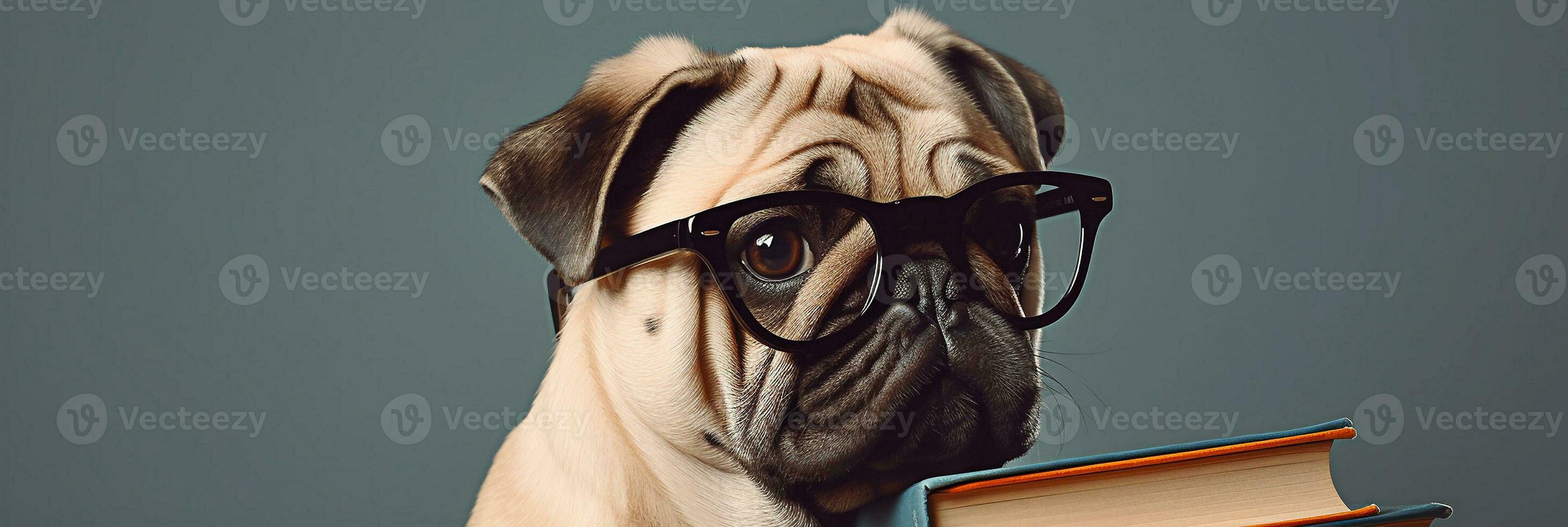 Funny dog in glasses. concept banner on the theme of education. Cute pug on yellow background. photo