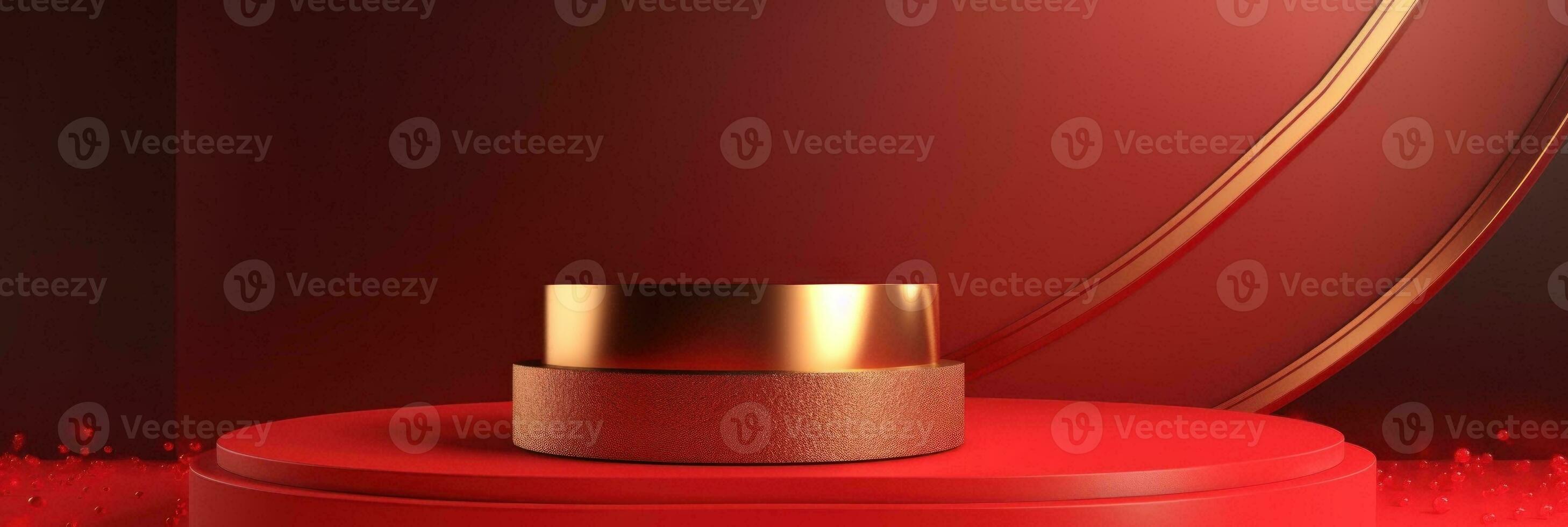 Red modern style one podium product showcase with golden ring frame Japanese style pattern background. A luxury stage for product advertising. photo