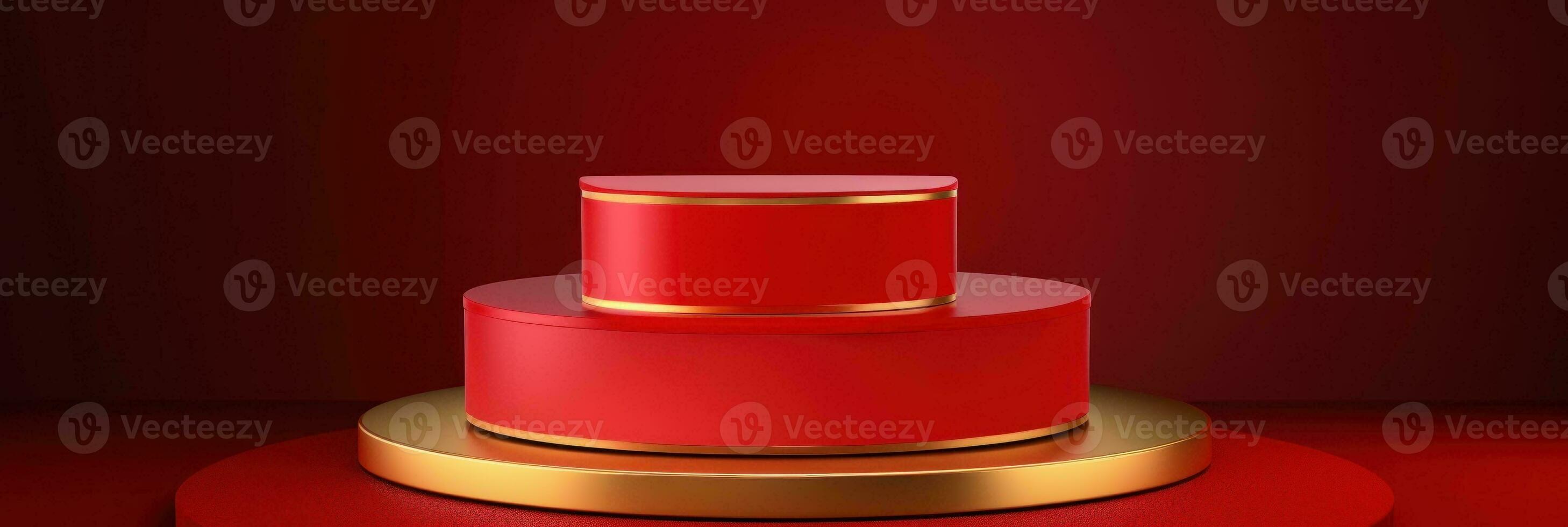 Red modern style one podium product showcase with golden ring frame Japanese style pattern background. A luxury stage for product advertising. photo