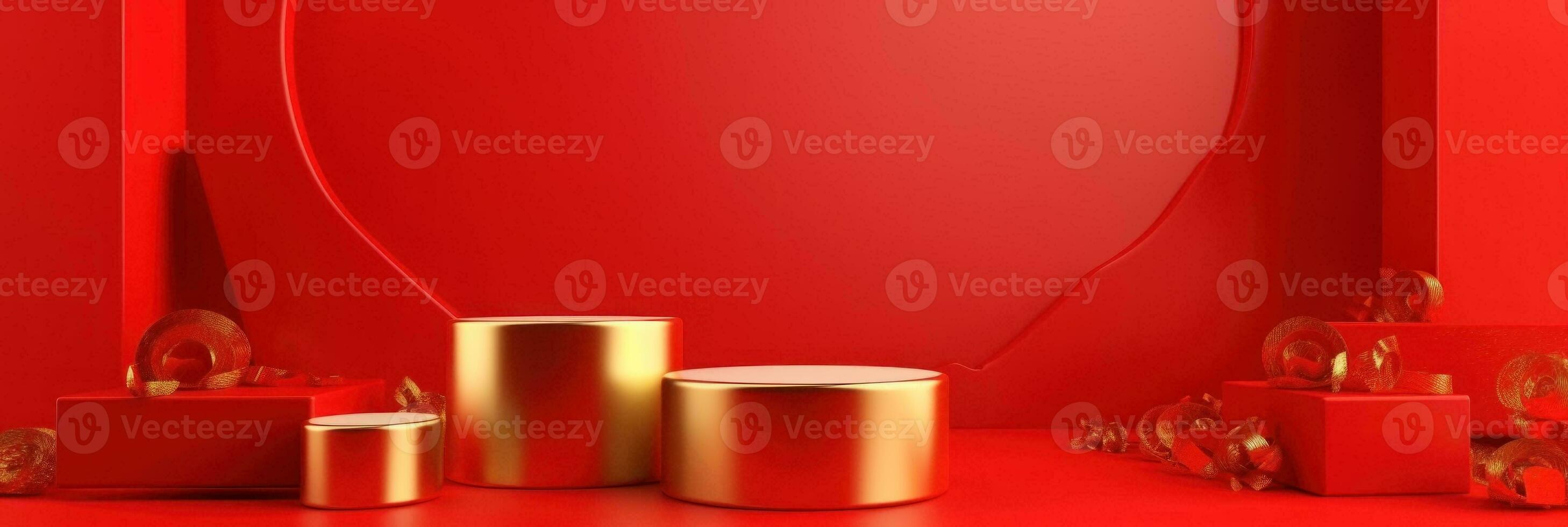 Red modern style one podium product showcase with golden ring frame Japanese style pattern background. A luxury stage for product advertising. photo