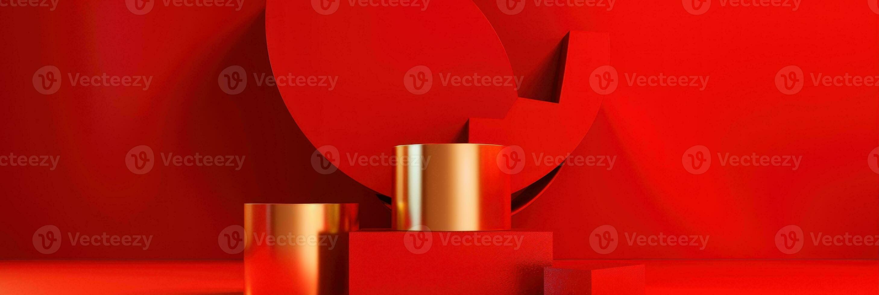 Red modern style one podium product showcase with golden ring frame Japanese style pattern background. A luxury stage for product advertising. photo