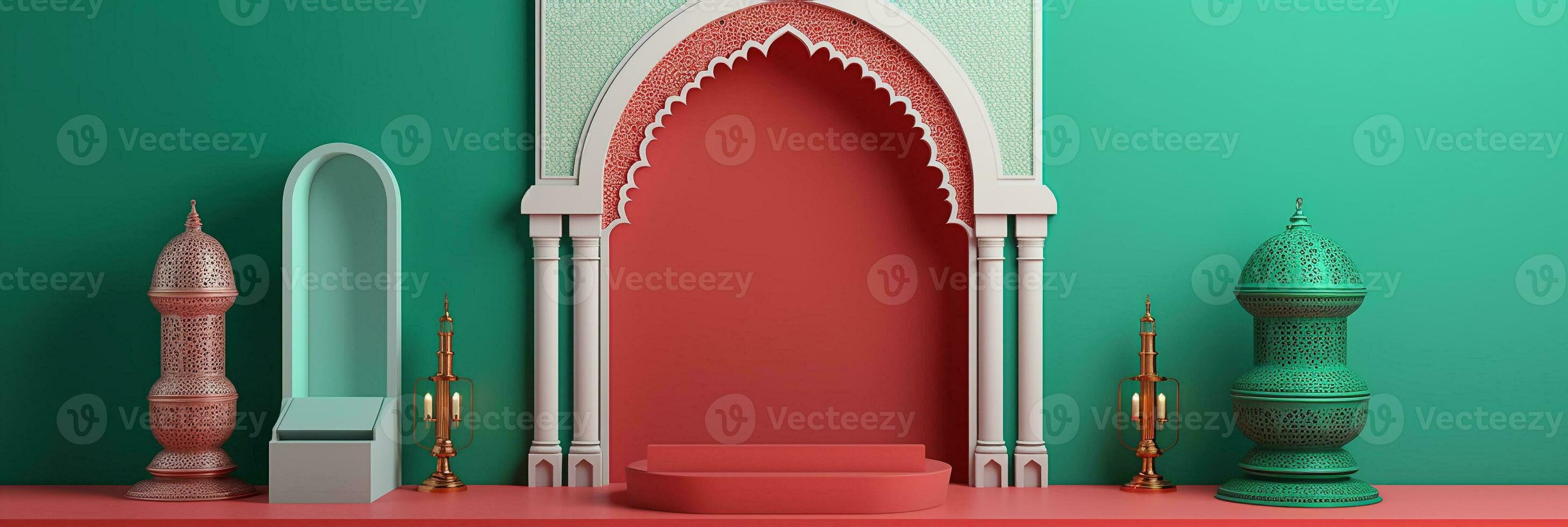3D render Islamic decoration, Iftar, Eid, lanterns, cannonballs, text space and podium with gold inserts. Ramadan style composition. photo