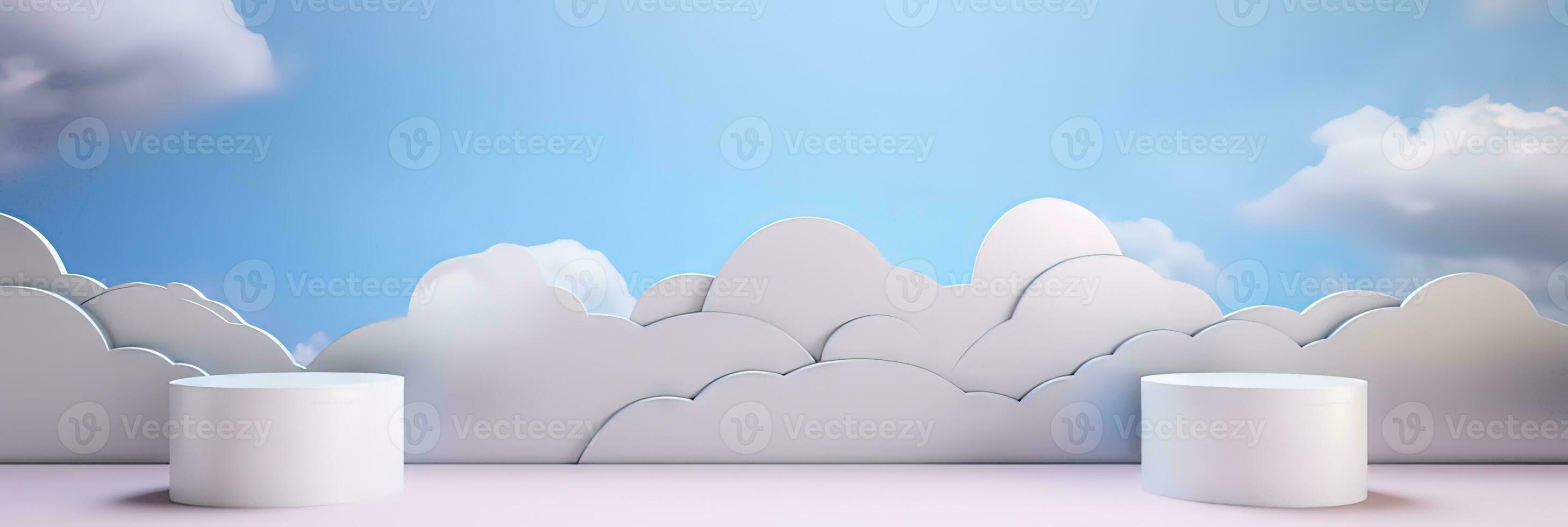 Surreal podium outdoor on blue sky pink gold pastel soft clouds with space. 3d blender composition. Minimalistic showcase from stage and cloud on a blue-pink pastel background photo