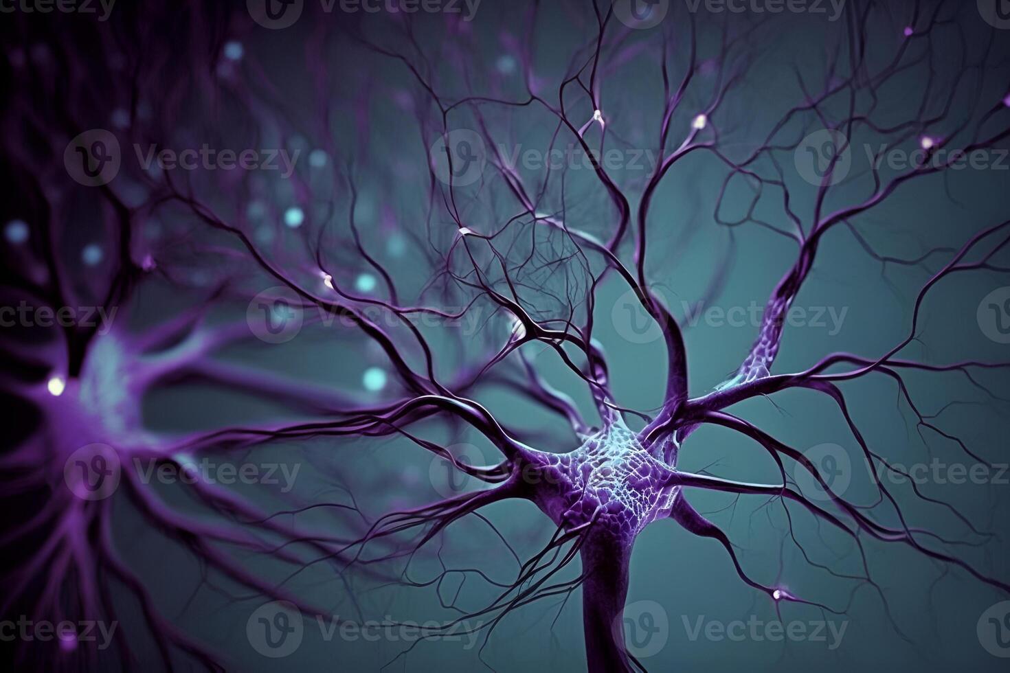 Closeup view of human neurons in brain and neuron connections in 3d illustration photo