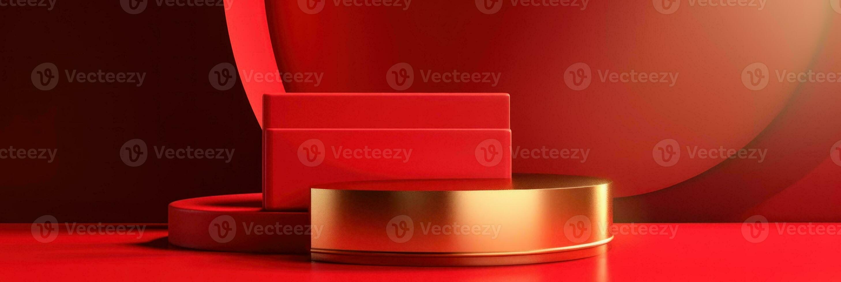 Red modern style one podium product showcase with golden ring frame Japanese style pattern background. A luxury stage for product advertising. photo