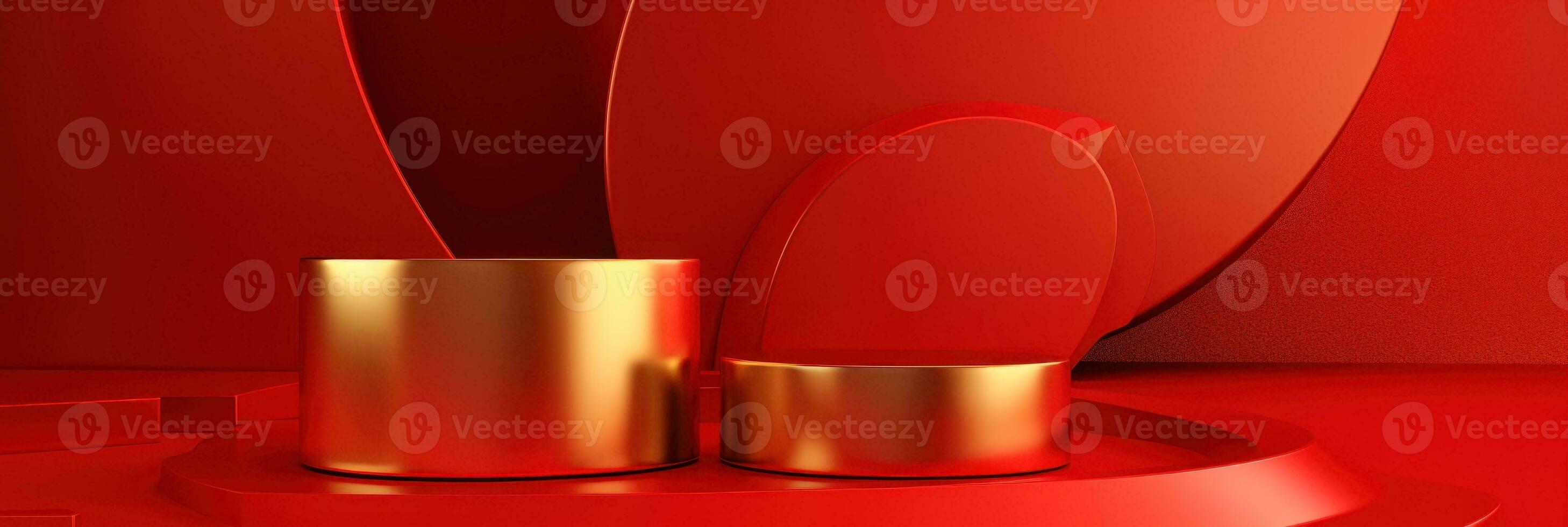 Red modern style one podium product showcase with golden ring frame Japanese style pattern background. A luxury stage for product advertising. photo