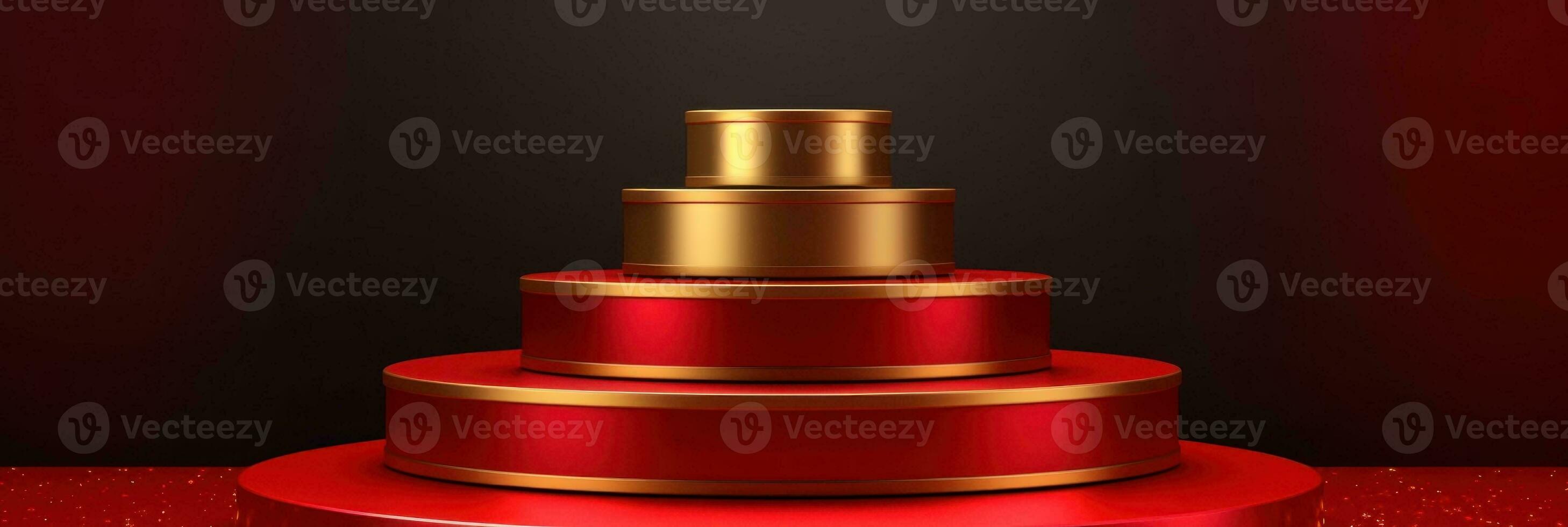 Red modern style one podium product showcase with golden ring frame Japanese style pattern background. A luxury stage for product advertising. photo