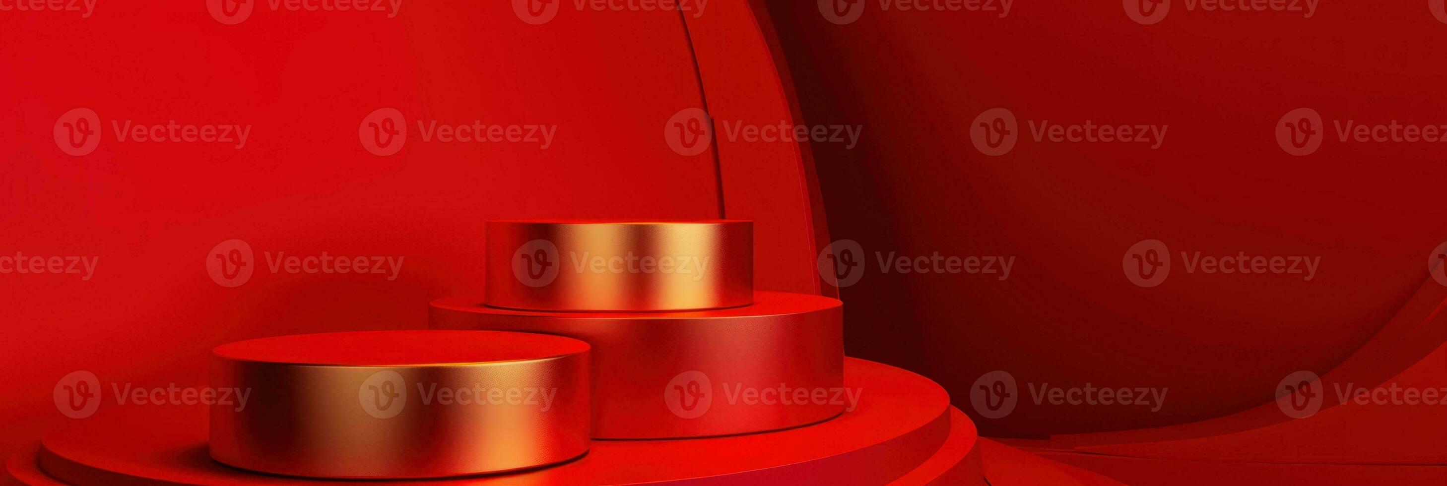 Red modern style one podium product showcase with golden ring frame Japanese style pattern background. A luxury stage for product advertising. photo