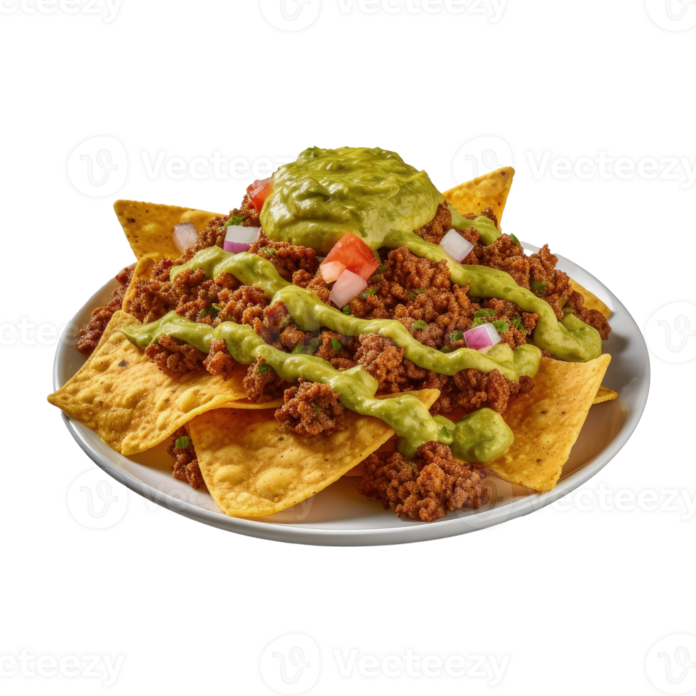 Corn chips nachos with fried minced meat and guacamole isolated Illustration png