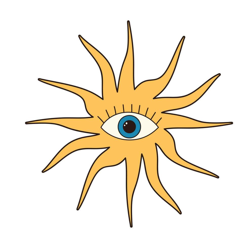 Retro groovy psychedelic sun with eye. Boho hippie cartoon element. Fortune teller oracle symbol. Vector illustration isolated on white background.