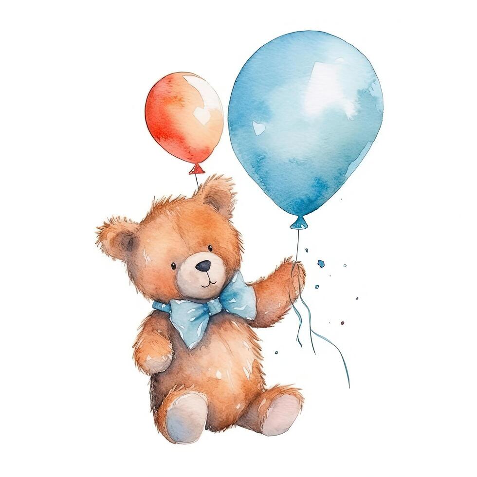 Watercolor teddy bear with balloons. Illustration photo