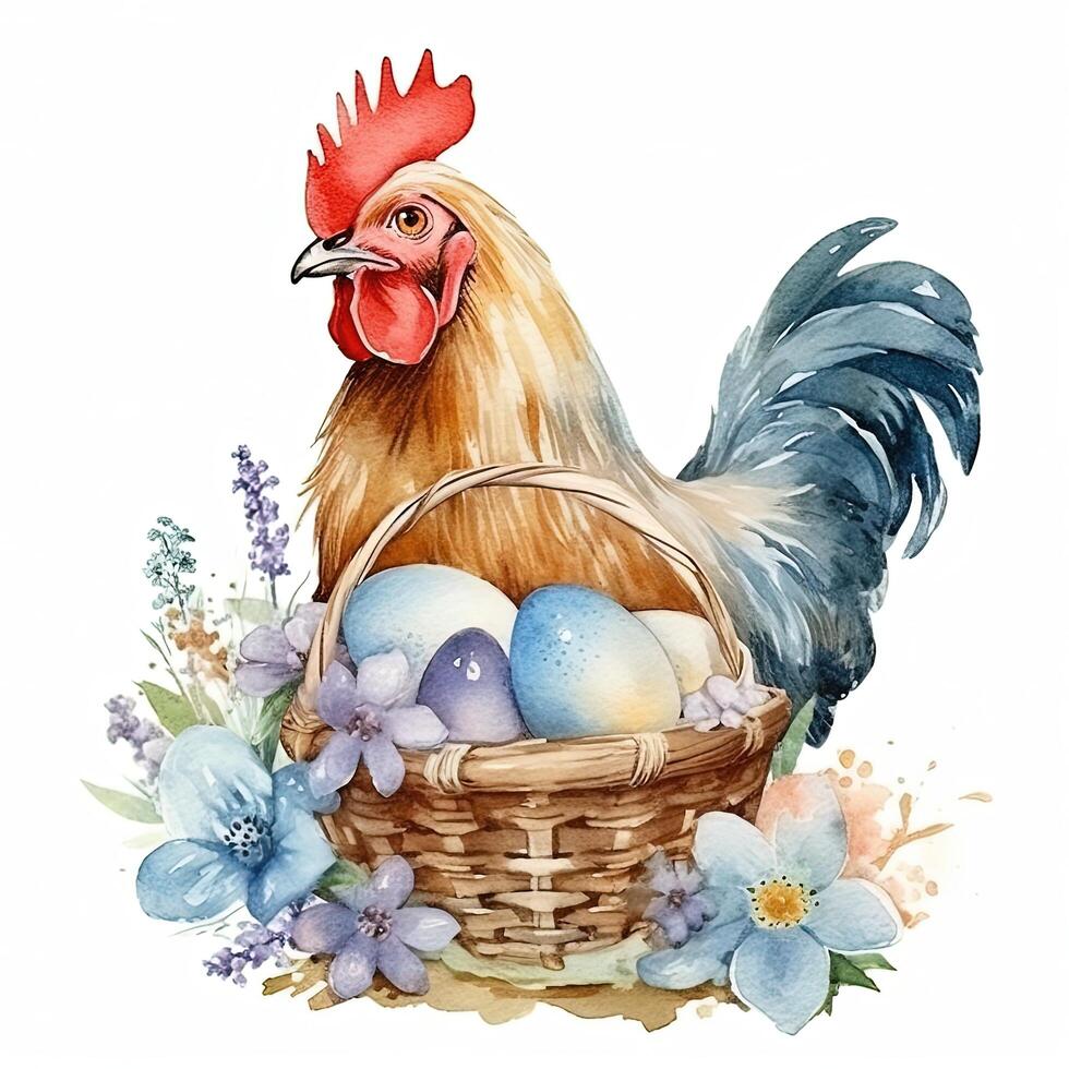 Watercolor chicken with eggs. Illustration photo