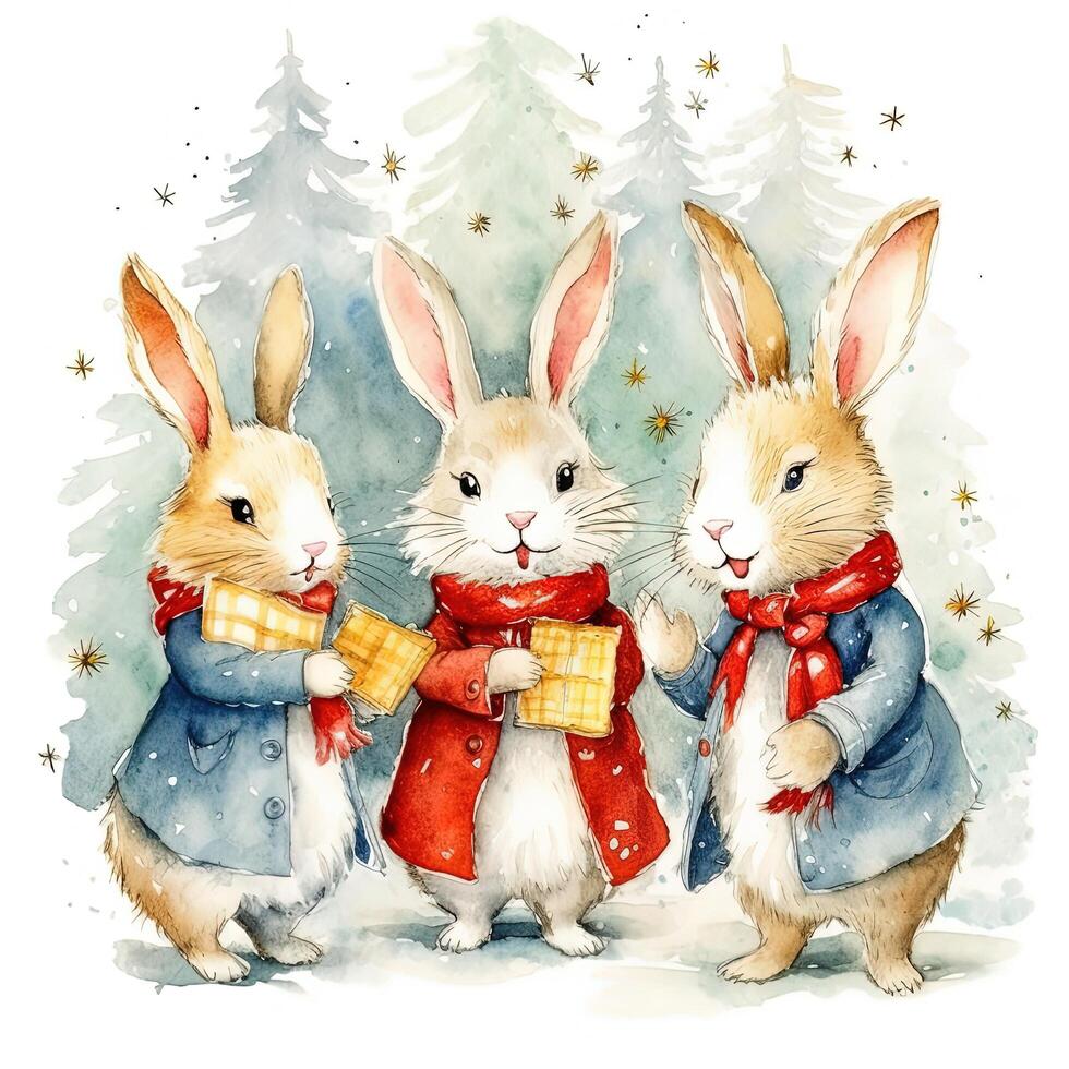 Watercolor bunnies in clothes singing Christmas tree. Illustration photo