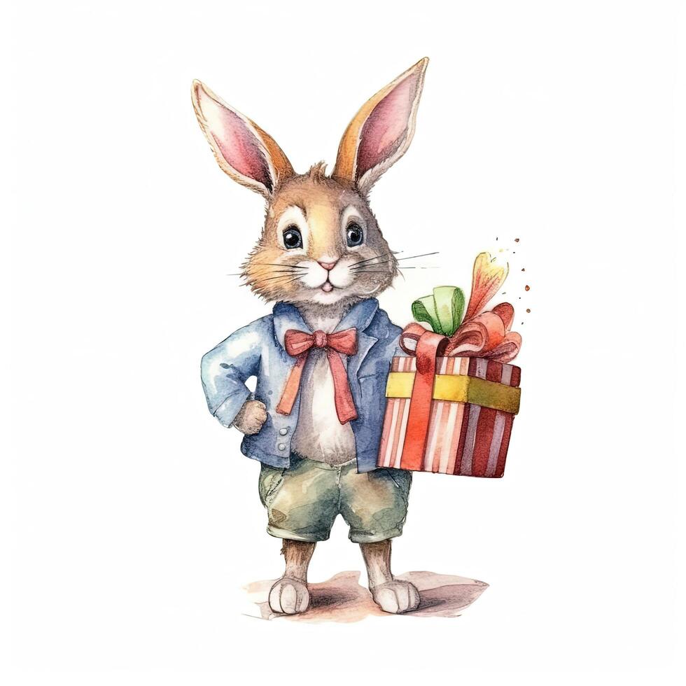 Watercolor rabbit with gift box. Illustration photo